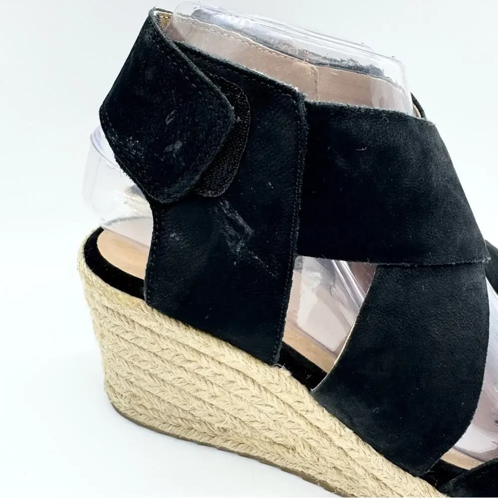Soul Naturalizer Oshay Black Leather Espadrille Strappy Wedge Heel Sandal Size 6